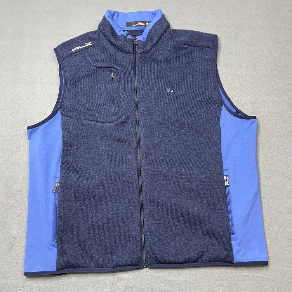 RLX Ralph Lauren Fleece Vest Men 2XL Blue Polyester Side Panel Mockneck Full-Zip